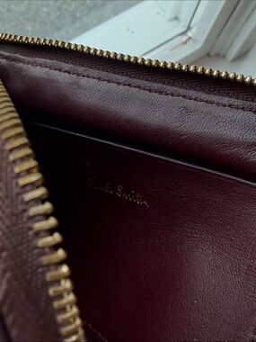Paul Smith Burgundy Leather Zip Clutch with Brass Hardware